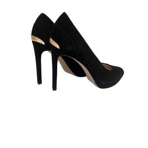 Michael Kors Black Suede Leather Pointed Toe Pumps Heels Gold Accent 7.5M
